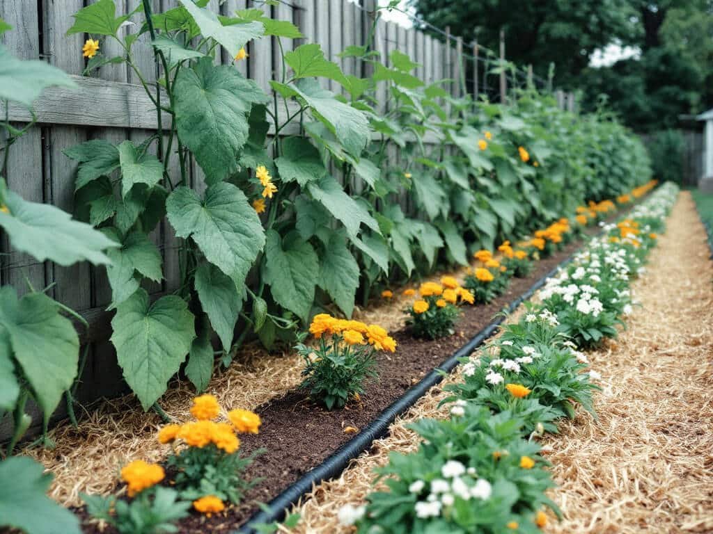 Raised bed with cucumbers on a trellis, marigolds and alyssum along the front edge, and pole beans on a separate trellis.