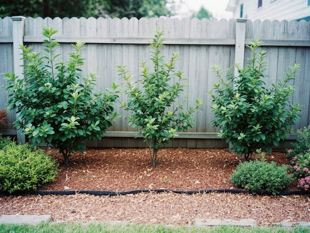Row of three highbush blueberry shrubs spaced apart with lingonberry and heather planted along the outer bed edge.