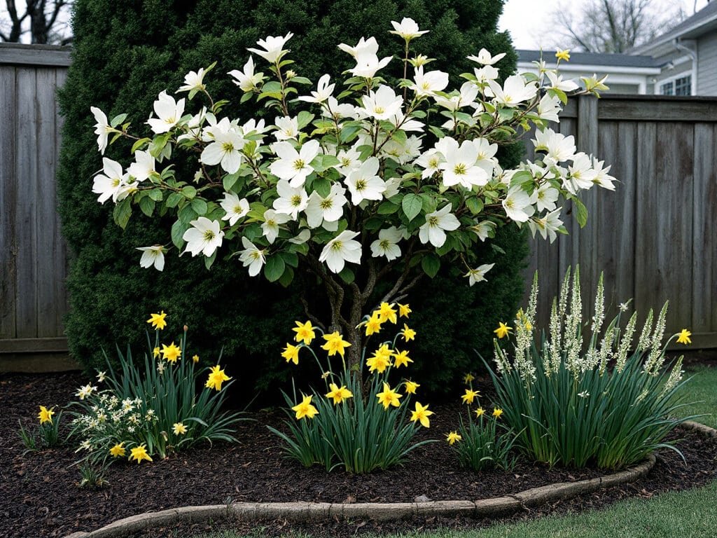 Flowering dogwood in bloom underplanted with yellow daffodils and foamflower in a home garden border.