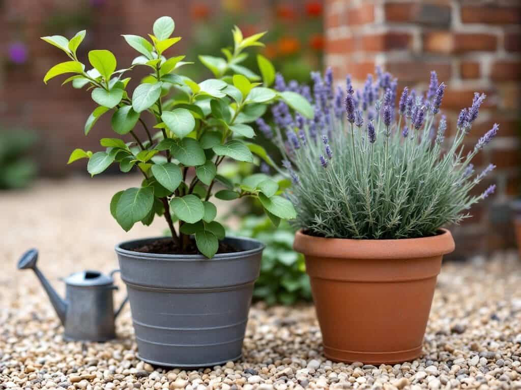 A young dogwood in one pot and a lavender plant in a separate terracotta pot on a gravel patio.