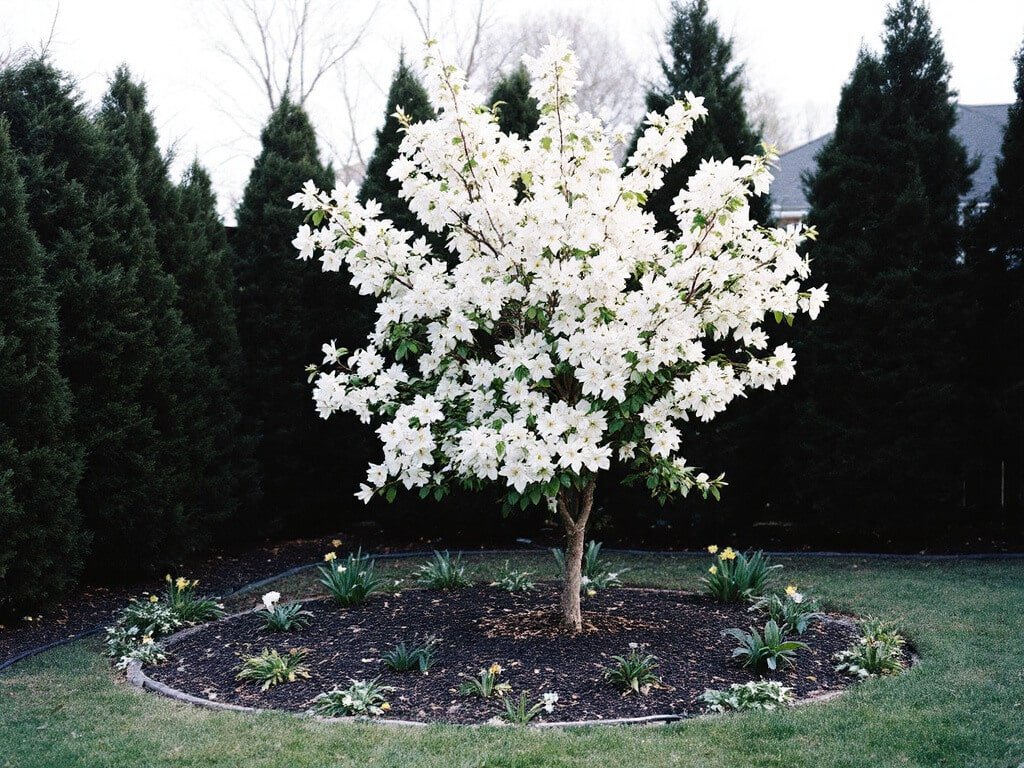 Flowering dogwood in a garden border with a mulch ring, daffodils and hellebores at the edge, evergreen shrubs behind.