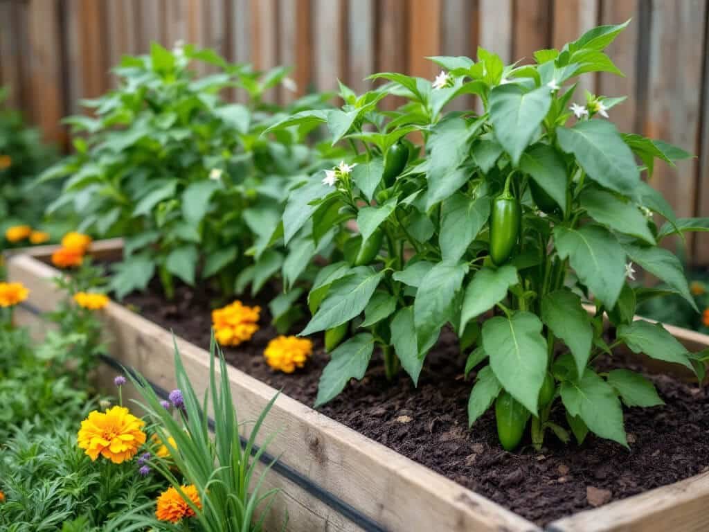 Jalapeno plants with green fruit in a raised bed beside orange marigolds and flowering chives.