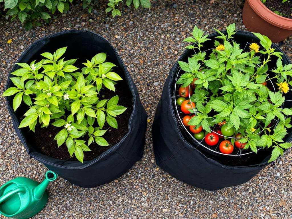 A jalapeno plant and a tomato plant growing in separate grow bags side by side on a patio.