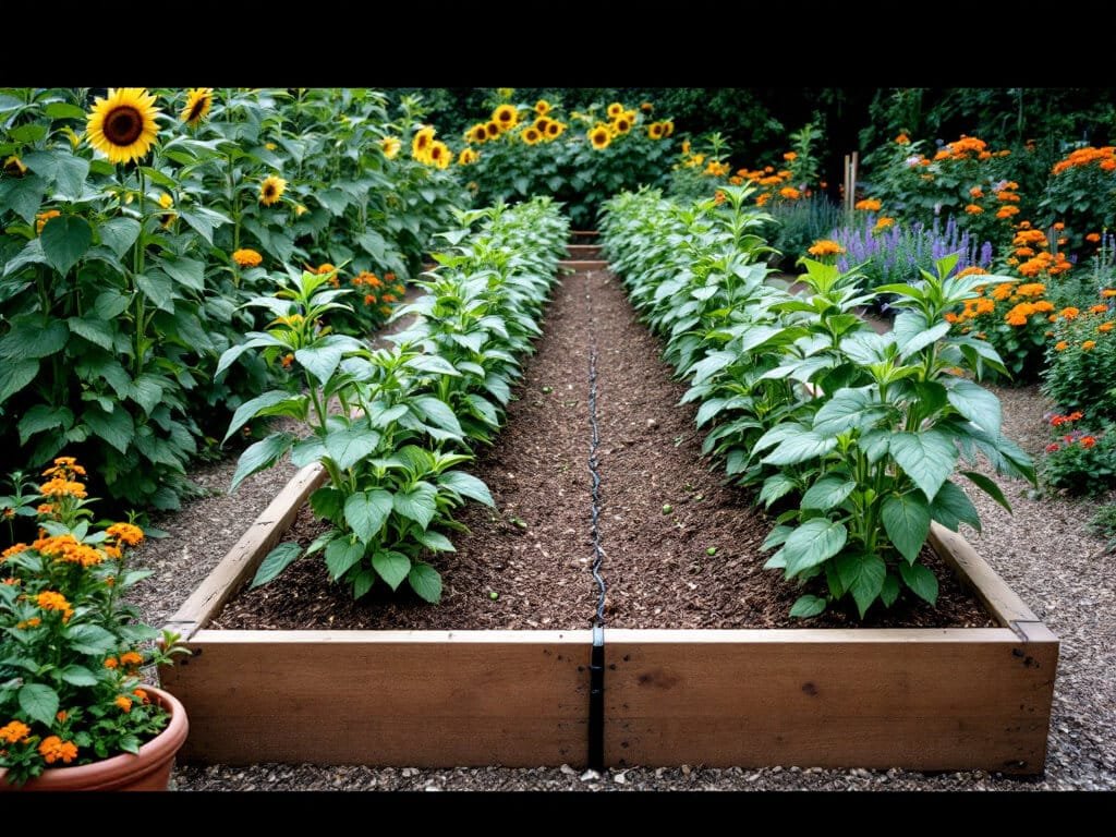 Raised bed with two rows of spaced jalapeno plants, sunflowers behind, marigolds and chives in front, nasturtium pot nearby.