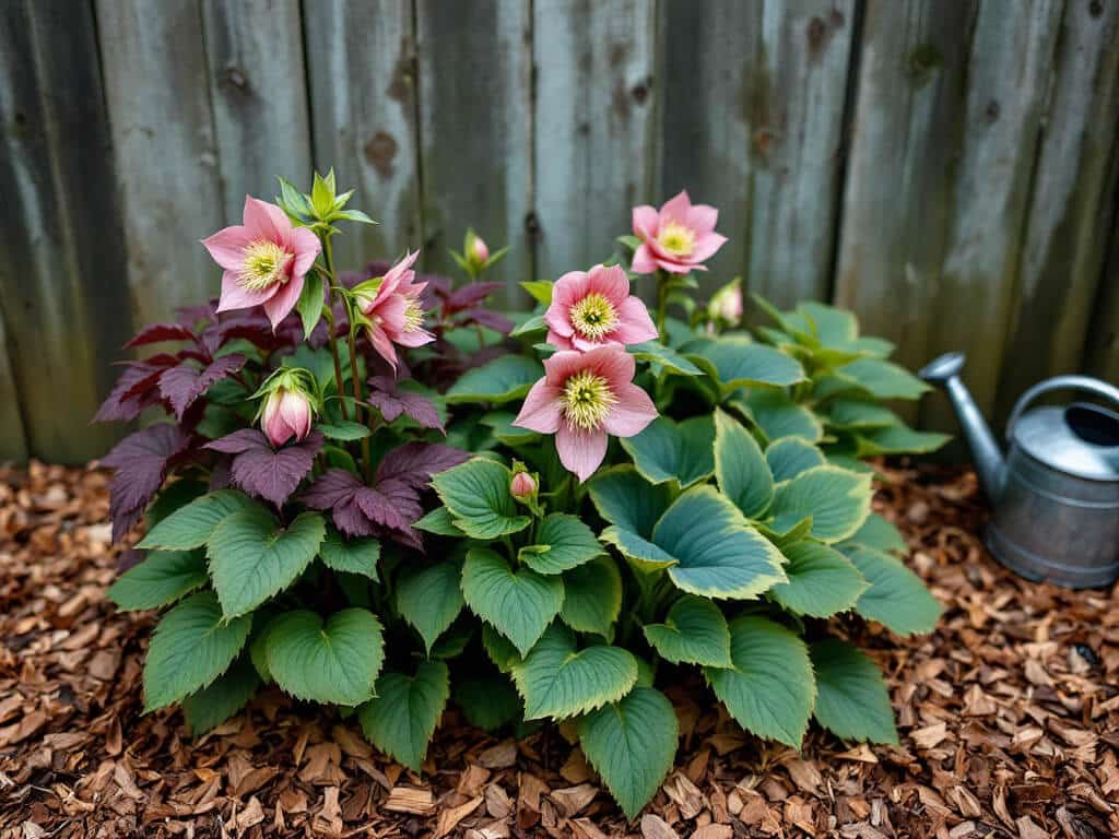 Pink-flowered hellebore growing beside burgundy heuchera and emerging blue-green hosta in a mulched shade border.