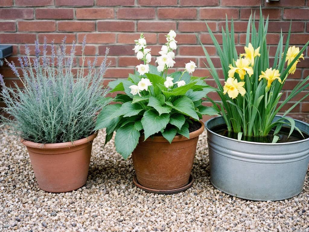 Hellebore, lavender and yellow flag iris growing in three separate containers with different soil moisture.