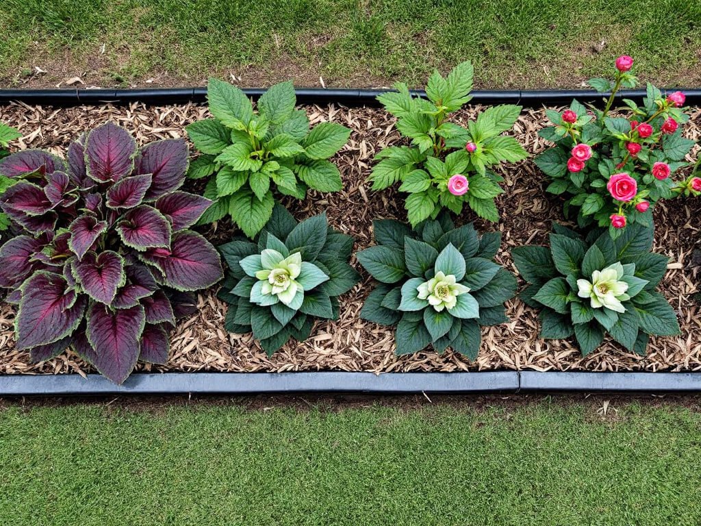 Top-down view of a shade bed with heuchera and hosta in front, hellebores in the middle and rose bushes behind.