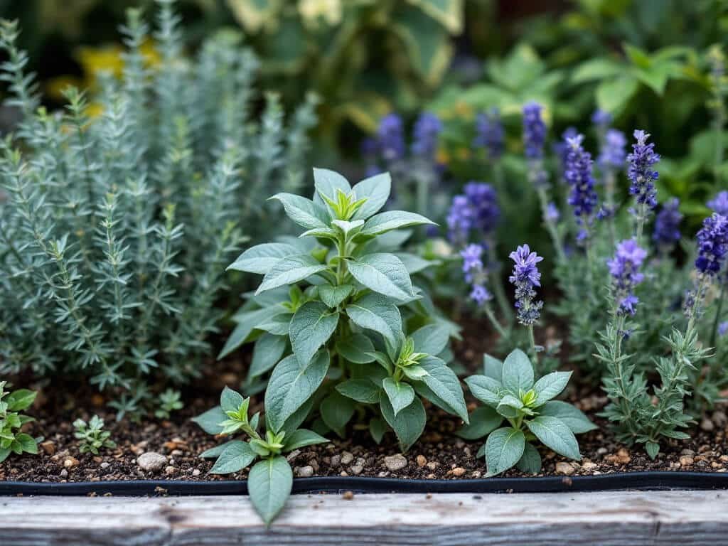 Sage growing in a raised bed with rosemary, thyme, and lavender in gravel-mulched, well-drained soil.