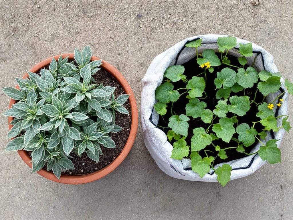 Sage in a dry terracotta pot beside a cucumber plant in a separate, damp grow bag on a gravel patio.