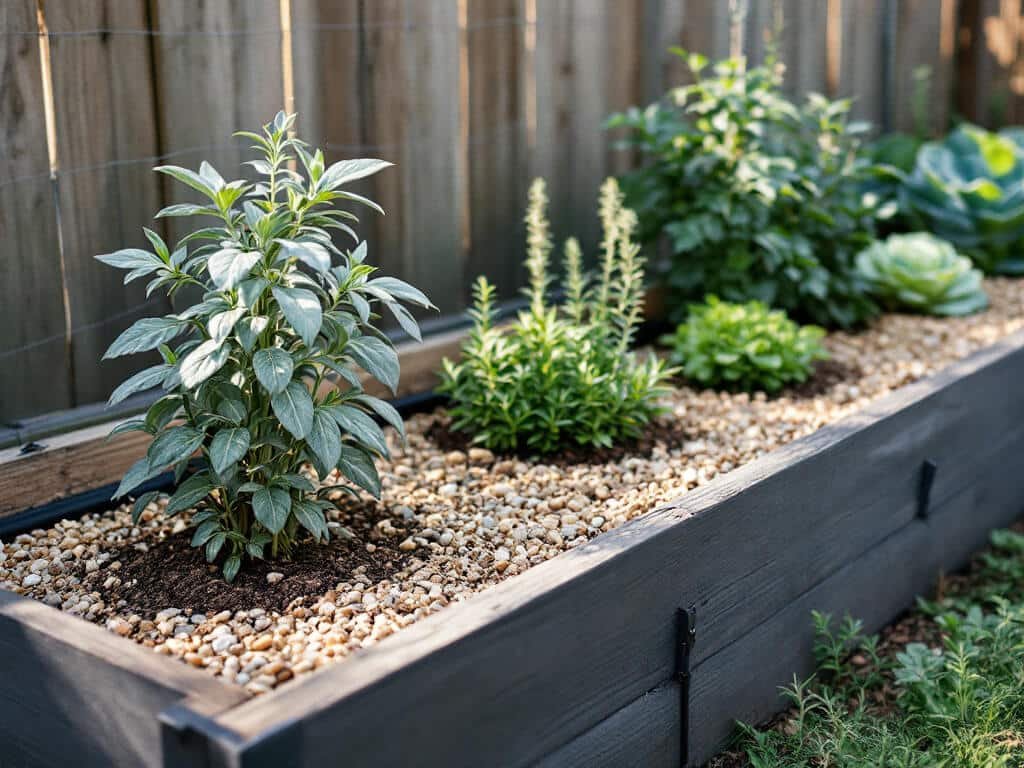 Raised bed with sage at the edge, spaced apart from rosemary, oregano, thyme, and a row of cabbages.