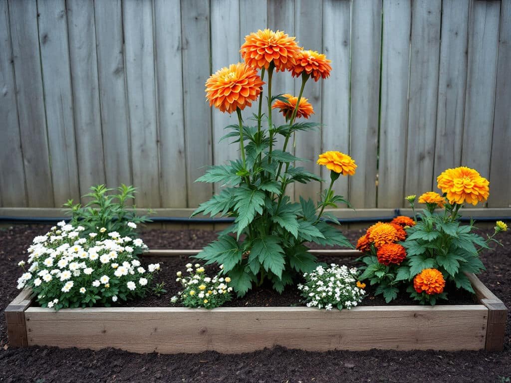 Orange dahlia in a raised bed with sweet alyssum and French marigolds growing along the front edge.