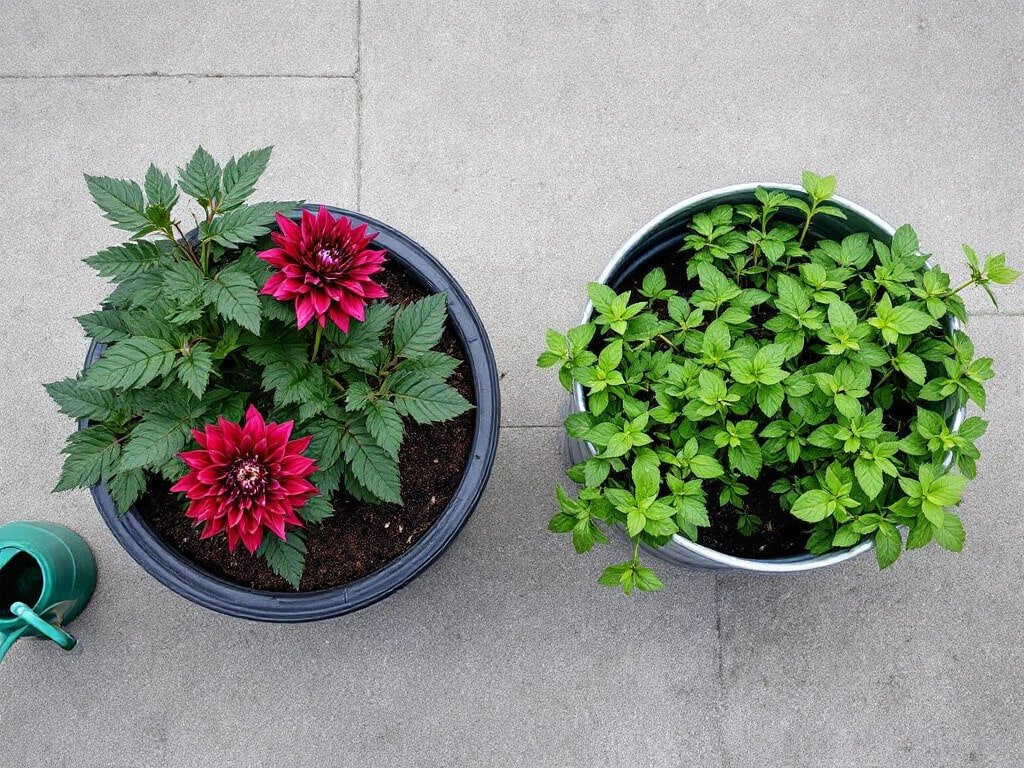 A potted dahlia and a galvanized tub of overflowing mint in separate containers on a patio.
