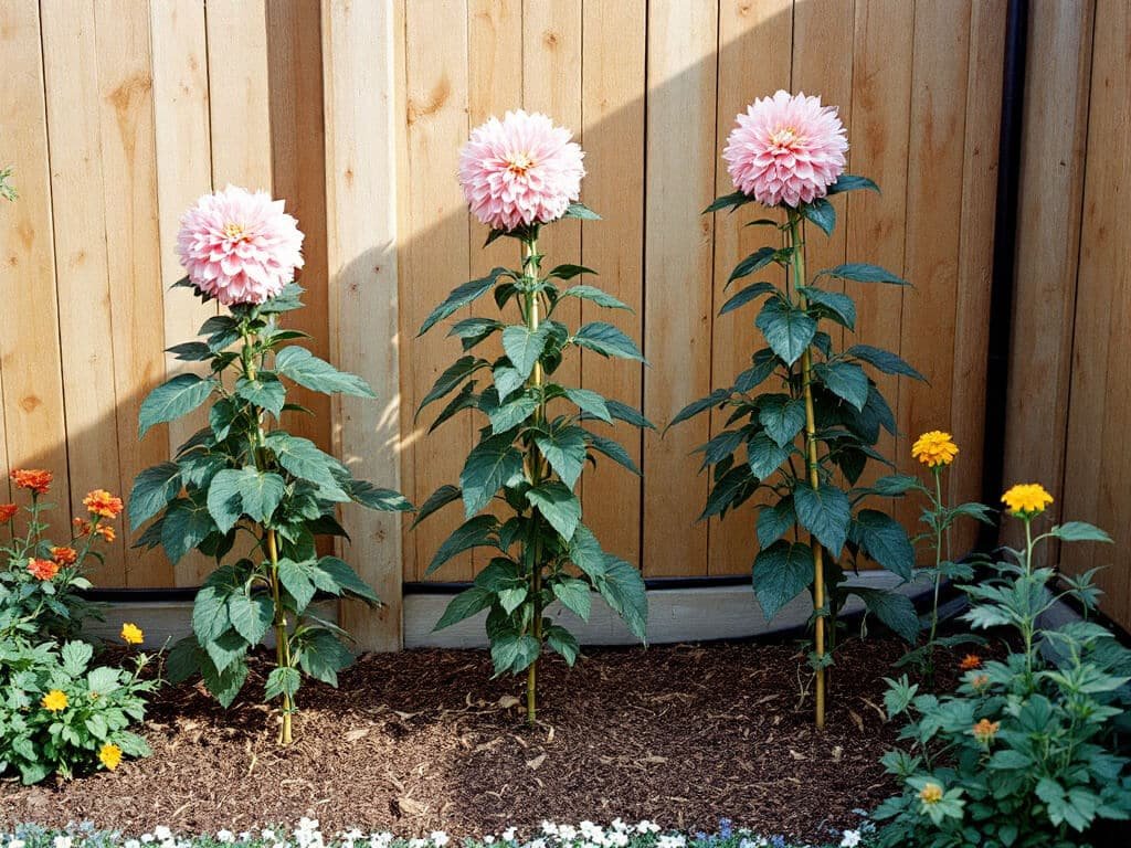 Three staked dahlias spaced apart in a garden bed with nasturtium, sweet alyssum, and thyme along the front edge.