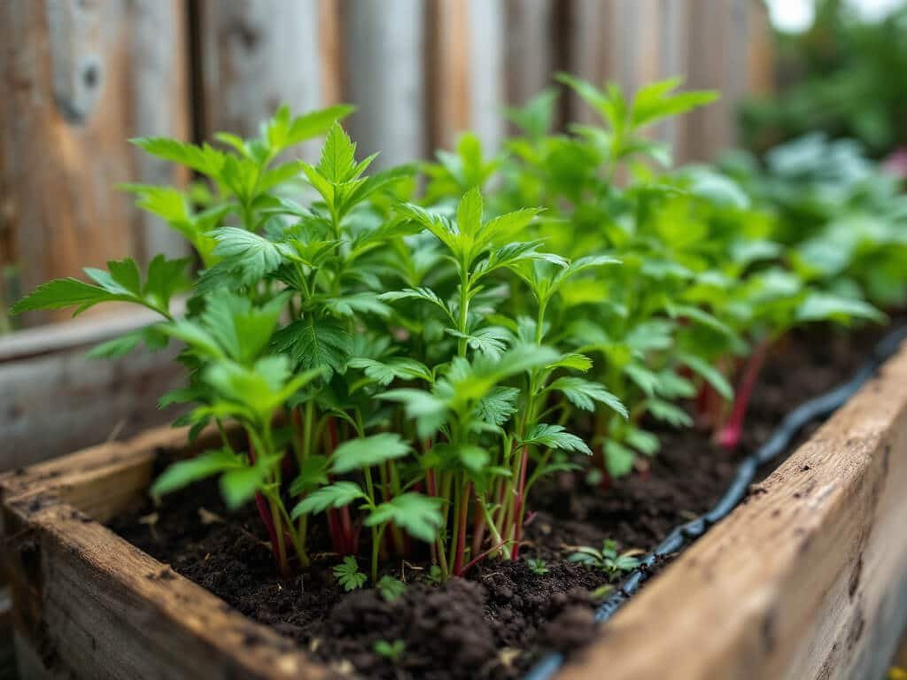 Young ginger shoots growing in a raised bed beside flat-leaf parsley and Swiss chard in dark, mulched soil.