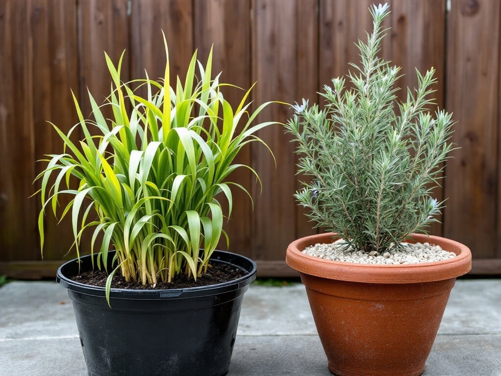 Ginger in a black pot of moist soil next to a separate terracotta pot of rosemary in dry gritty soil on a patio.