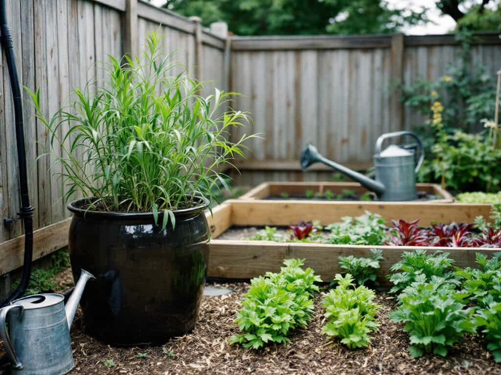 Ginger in a large container beside a raised bed of parsley and Swiss chard with a drip line and watering can.