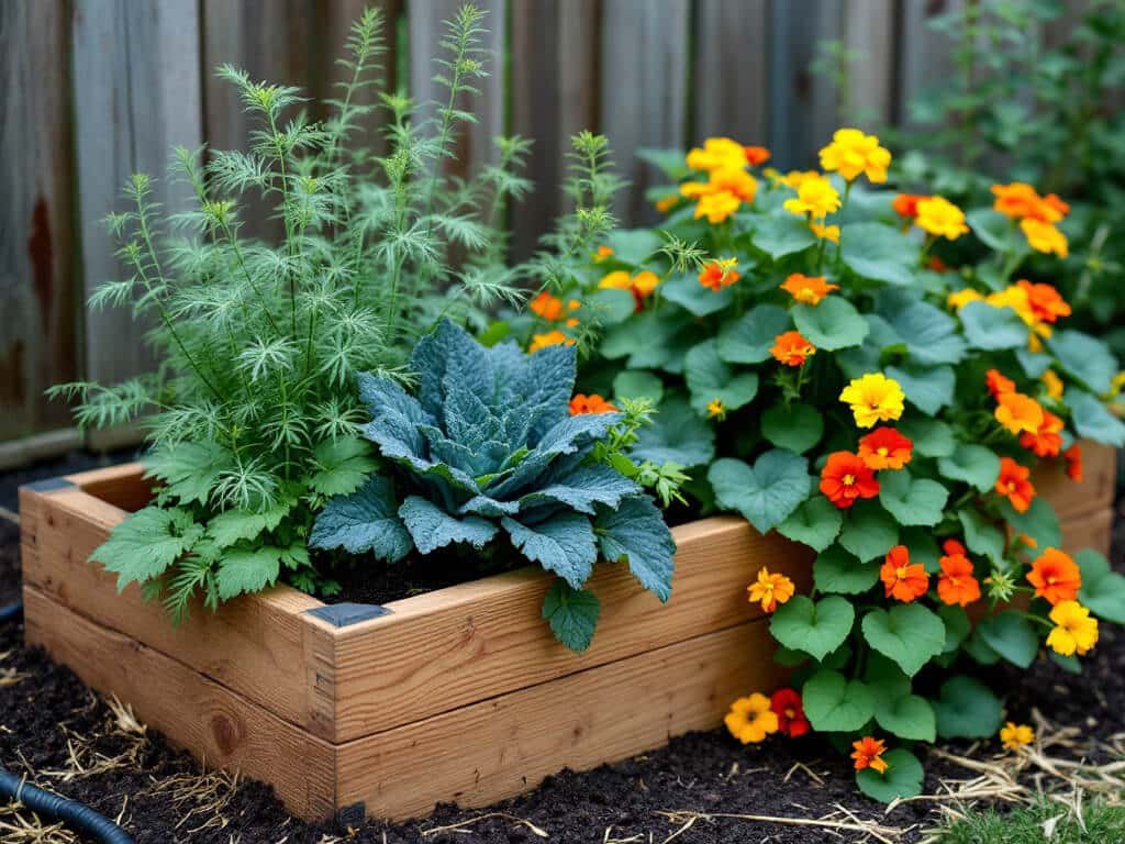 Dill with yellow flower umbels growing beside curly kale and orange nasturtium in a raised garden bed.