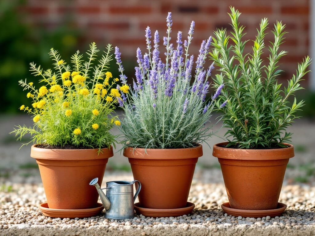 Dill, lavender, and rosemary growing in three separate terracotta pots on a patio, kept apart.