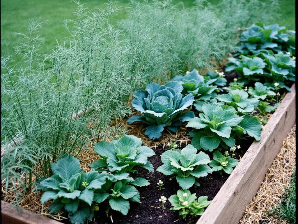 Raised bed with a spaced row of dill at the back, broccoli in the middle, and strawberries in front.