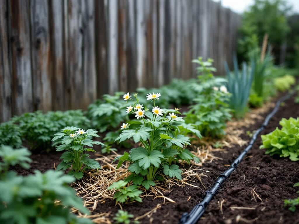Potato plants in a garden bed beside separate strips of carrots, onions, and leaf lettuce.