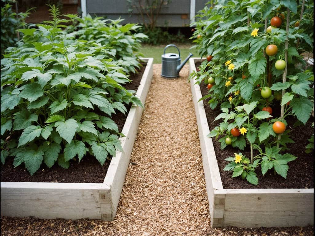 Potato plants and staked tomato plants growing in two separate raised beds with a path between them.