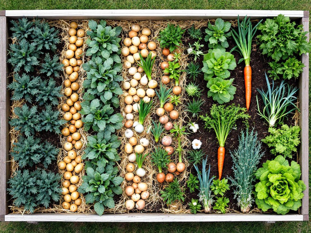 Top-down view of a raised bed with potato rows beside strips of onions, garlic, carrots, and lettuce.