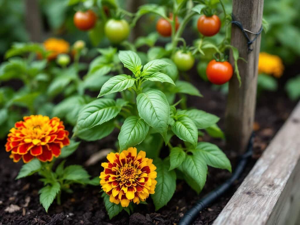 Basil growing at the base of a tomato plant with an orange marigold in front, in a raised garden bed.
