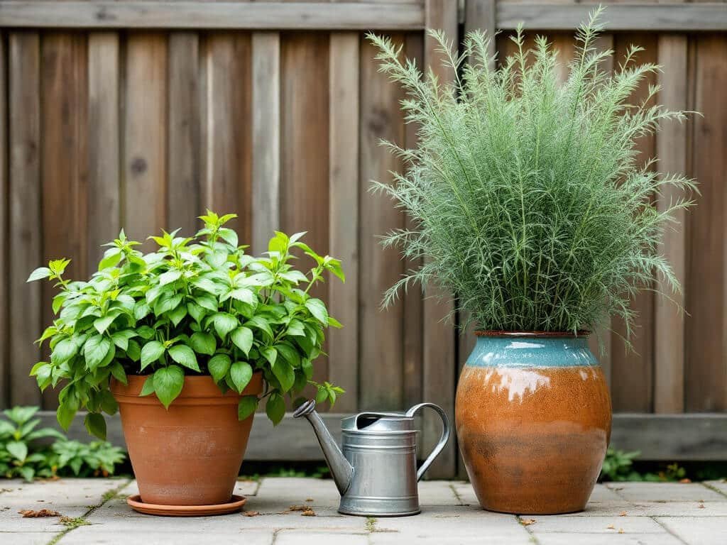 A pot of basil next to a separate pot of tall dill on a patio, showing the height difference between the two herbs.