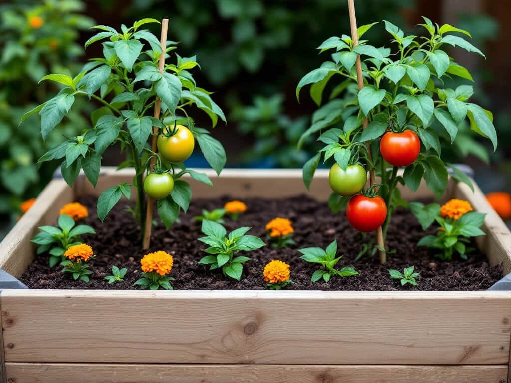 Basil plants evenly spaced around tomatoes with marigolds along the edge of a raised garden bed.