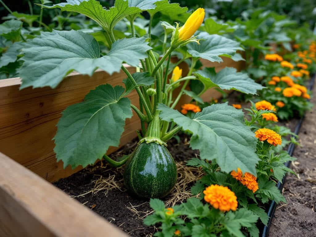 Zucchini plant with yellow flower in a raised bed beside a row of bush beans and orange marigolds.
