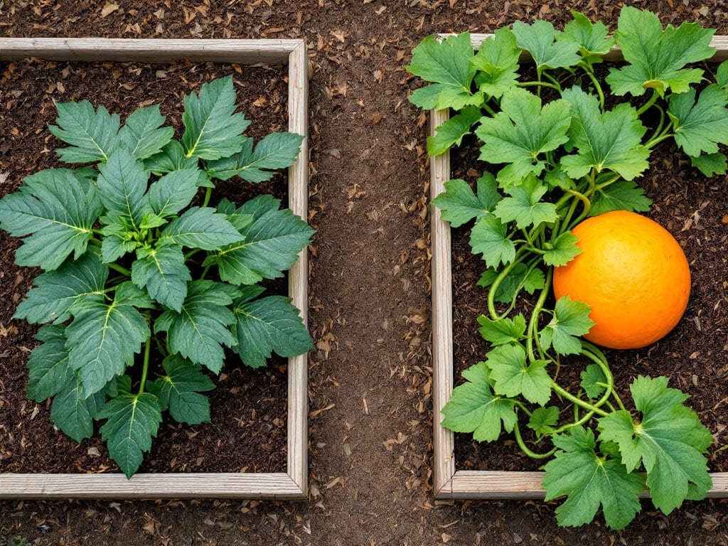 Top-down view of a zucchini plant in one bed and a sprawling pumpkin vine in a separate bed, with a path between.