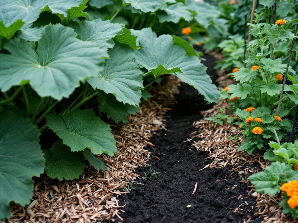 Raised bed with a zucchini at the corner and carrots, beets, lettuce, marigolds and beans planted beyond its canopy.