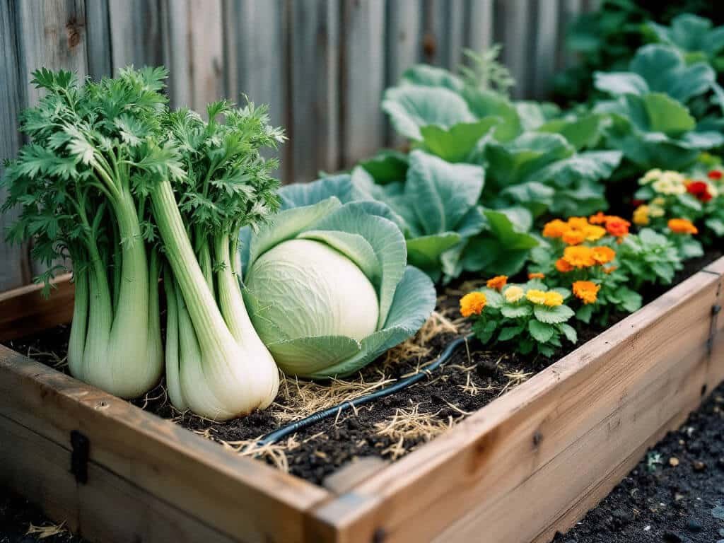 Celery growing in a raised bed beside cabbage, onions, and nasturtiums in a home vegetable garden.