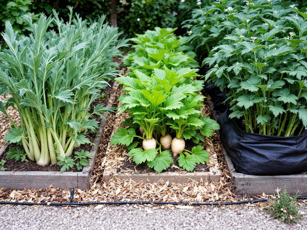 Celery, parsnips, and potatoes growing in separate beds and a grow bag, kept apart by a garden path.