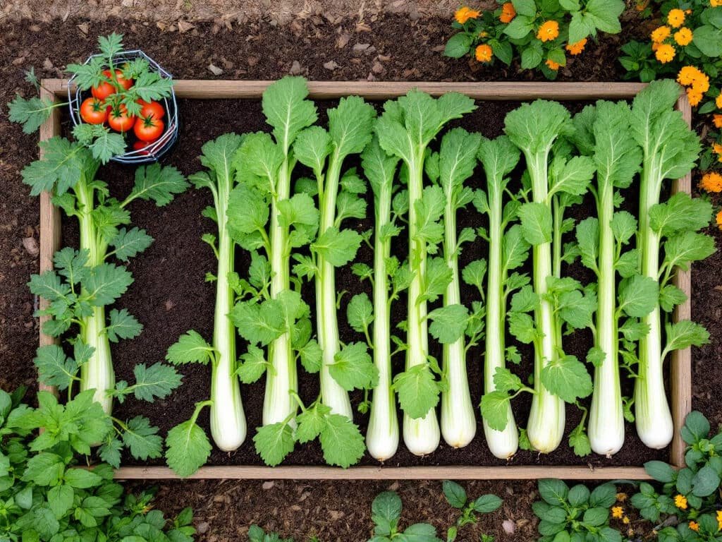 Overhead view of a celery block in spaced rows with tomatoes, onions, spinach, and nasturtiums along the edges.