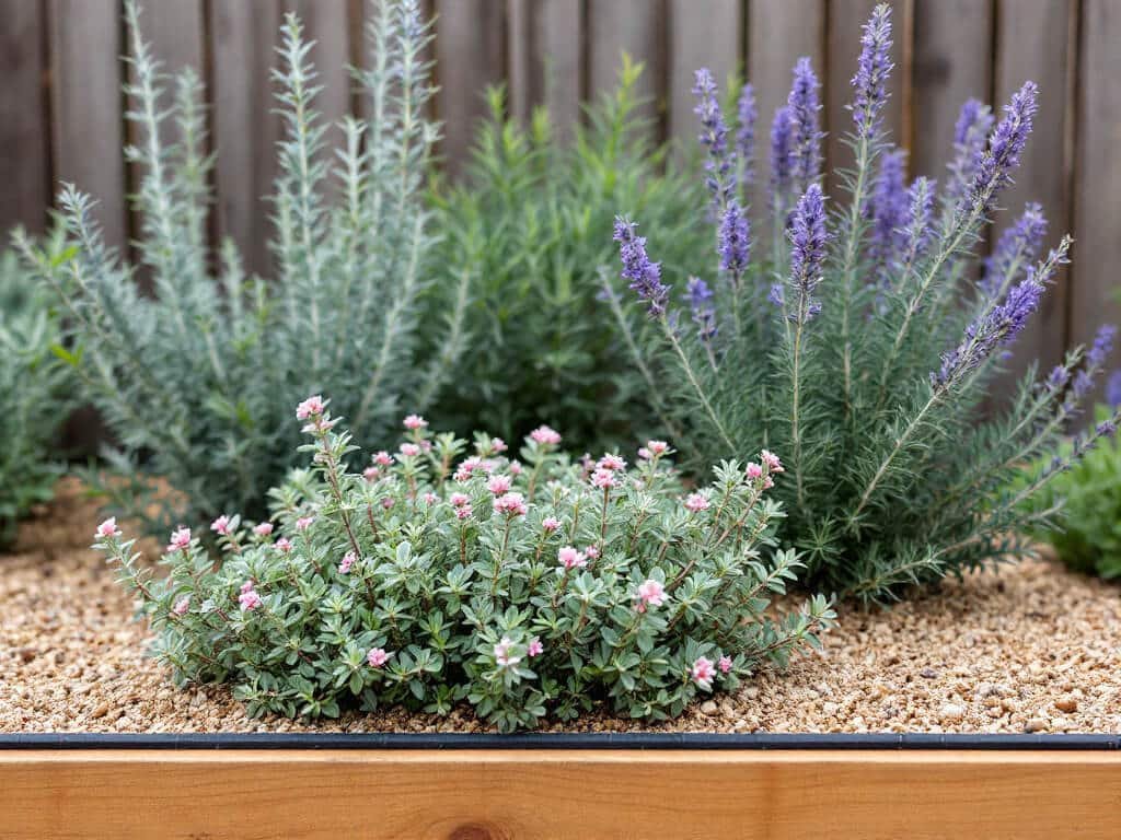 Thyme growing in a raised bed beside sage, rosemary, and lavender with gravel mulch and a drip line.
