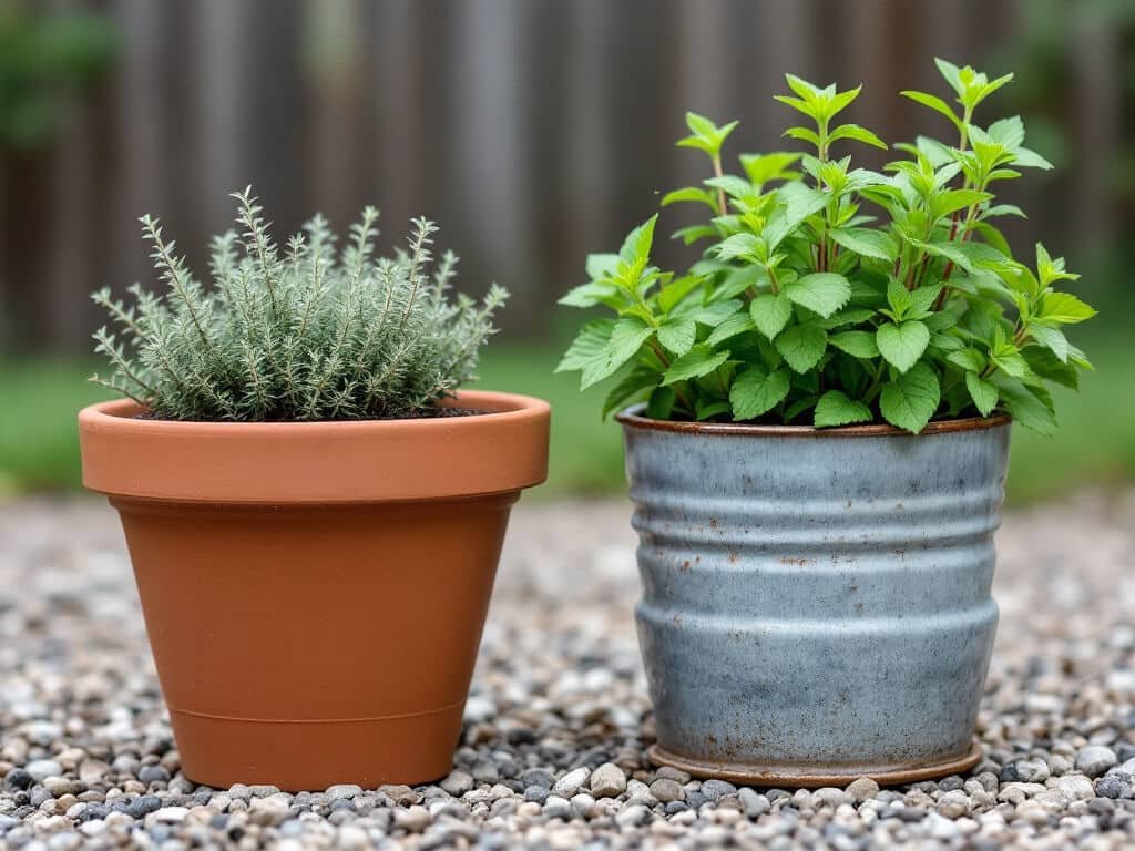 Thyme in a terracotta pot and spearmint in a separate glazed pot on a patio, kept apart.