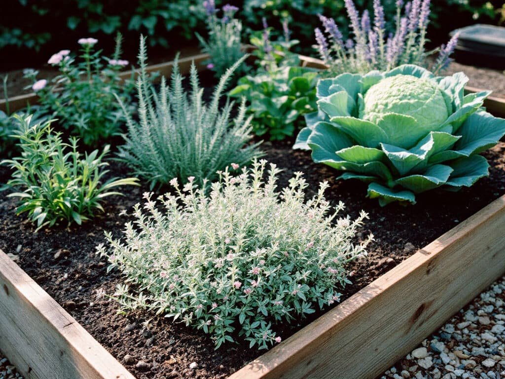 Raised bed with thyme at the front edge, sage, rosemary, and lavender behind, and broccoli in a separate bed.