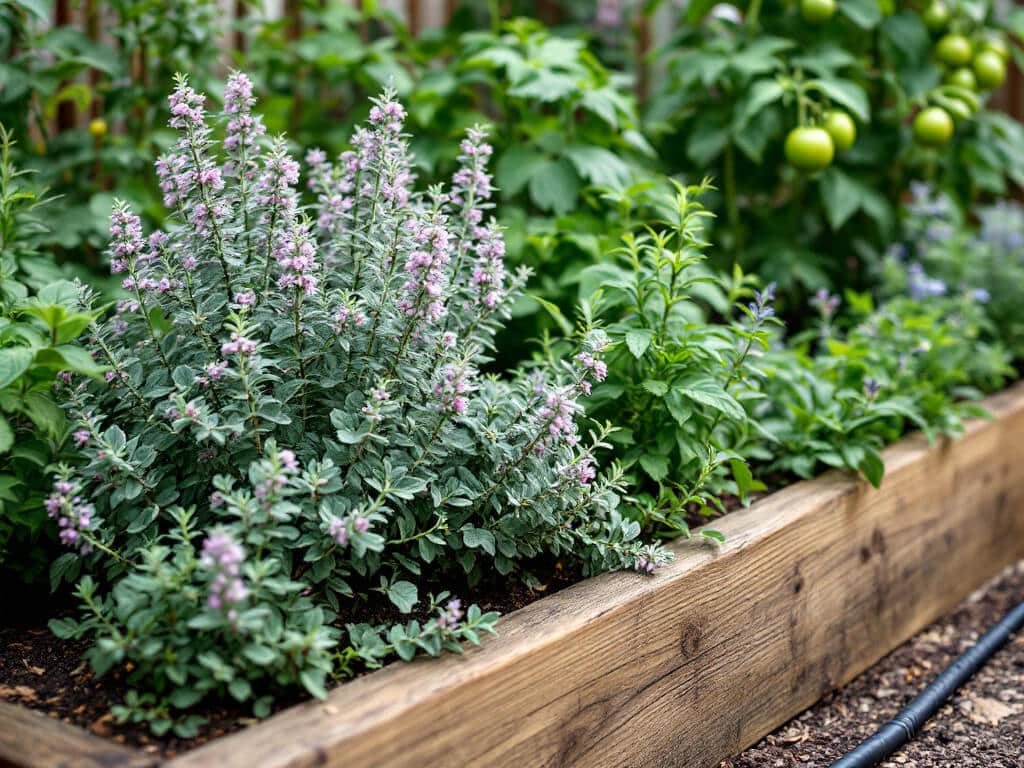 Oregano growing in a raised bed beside rosemary, thyme, sage, and tomato plants in a home garden.