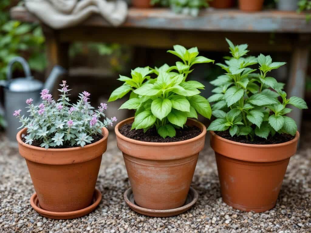 Oregano, basil, and mint growing in three separate terracotta pots on a gravel patio.
