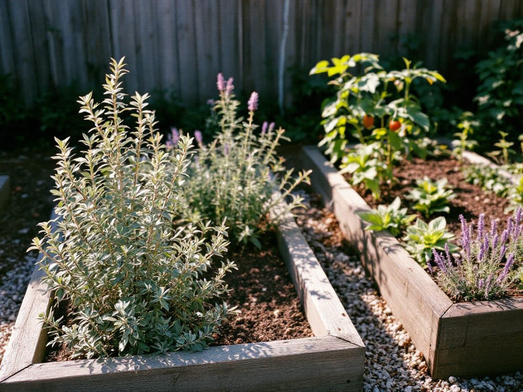 Oregano spaced at the edge of a raised bed with rosemary, thyme, lavender, tomato, pepper, and strawberry plants.