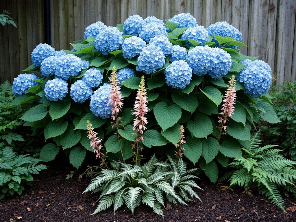 Blue bigleaf hydrangea in a shady garden border with hostas, astilbe, and Japanese painted fern growing at its base.