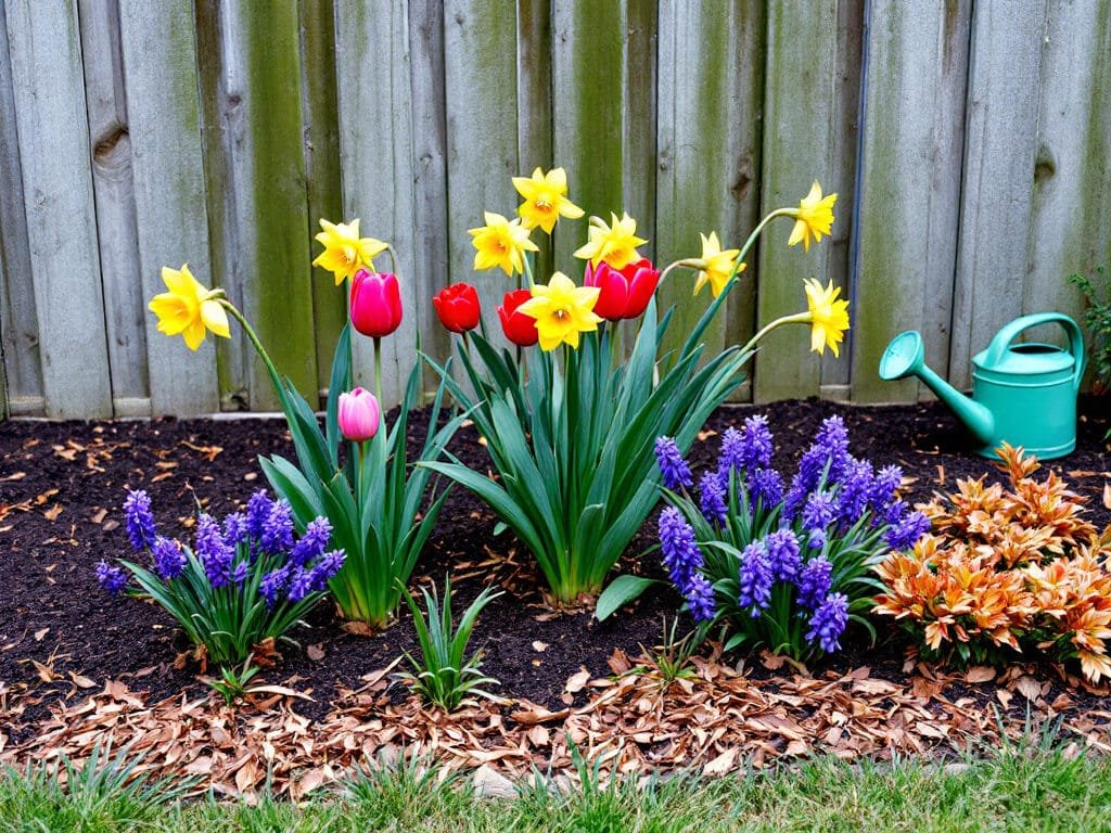 Yellow daffodils growing with red tulips and purple grape hyacinth in a mulched home garden border.