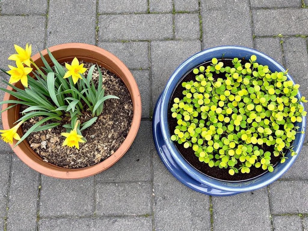 Daffodils in a dry terracotta pot beside a separate pot of creeping Jenny sitting in water.