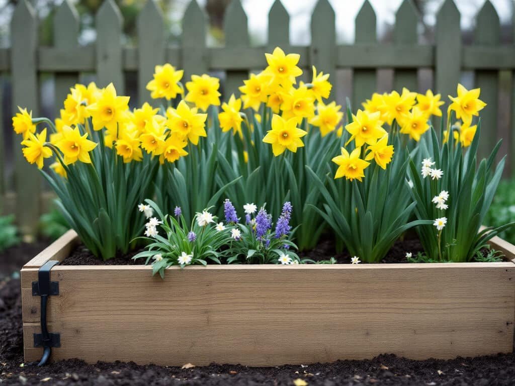 Raised bed with a group of daffodils and low grape hyacinth and English daisy planted around them with space between.
