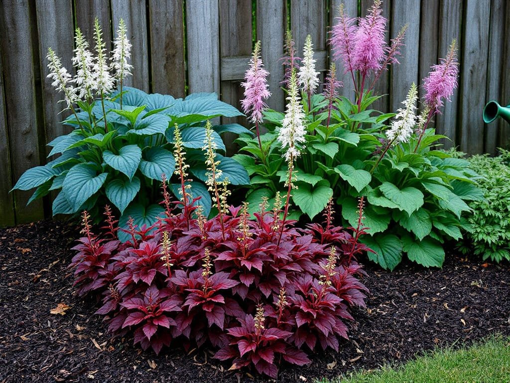 Burgundy coral bells growing with foamflower, hosta, and astilbe in a mulched shade border beside a wooden fence.