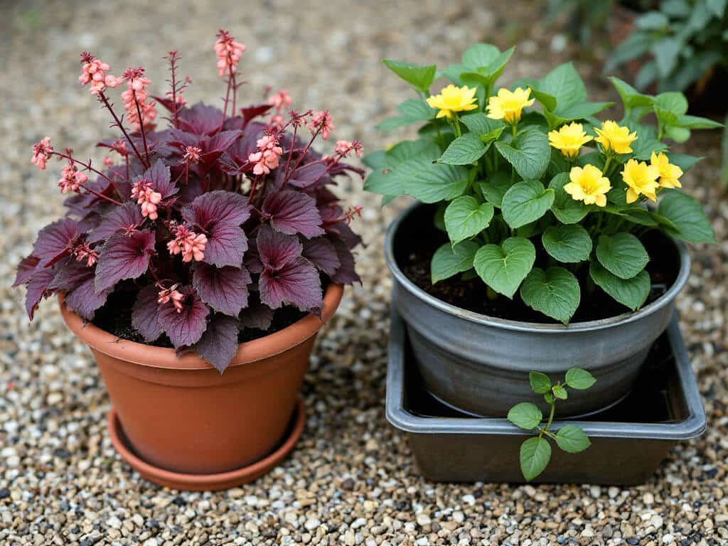 Coral bells in a dry, well-drained terracotta pot beside marsh marigold in a tub standing in water on a patio.