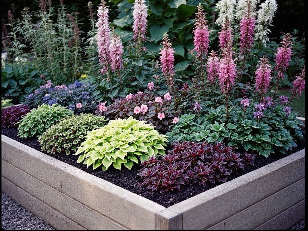 Raised shade bed with coral bells in front, cranesbill at ground level, and astilbe and bugbane standing behind.