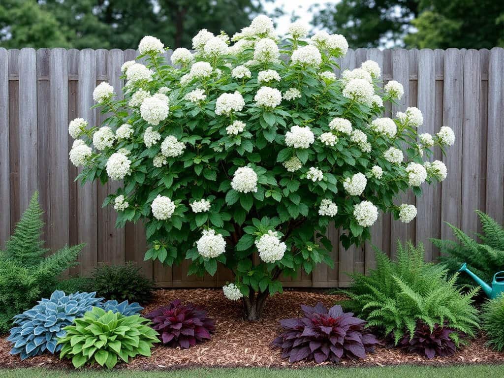 Flowering viburnum shrub in a garden border with hosta, heuchera and Christmas fern planted around its canopy edge.