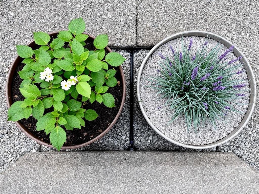 Viburnum in one pot and lavender in a separate pot on a gravel patio, kept apart because their watering needs differ.